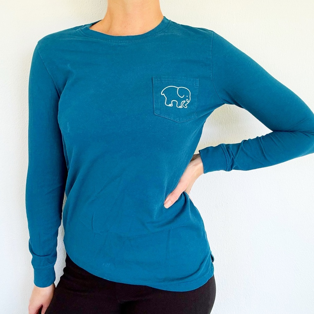 Ivory Ella indigo blue elephant print long sleeve cotton pocket tee size XS